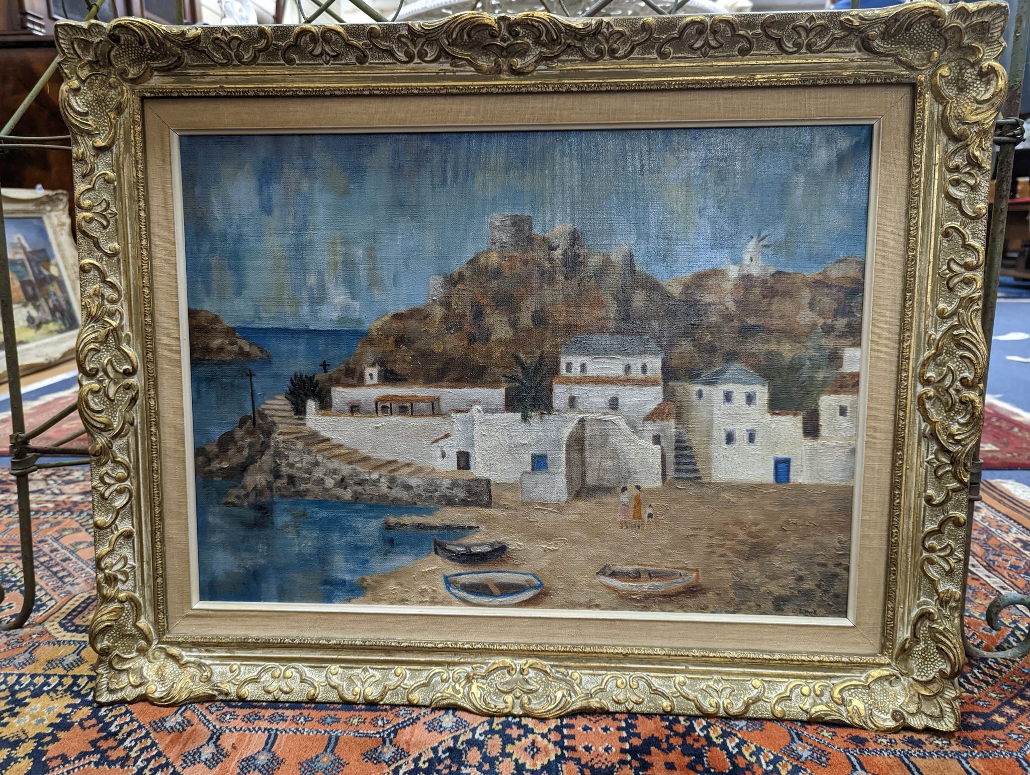 Caroline Luttrell, oil on canvas, Mediterrenean coastal village, signed, 40 x 55cm
